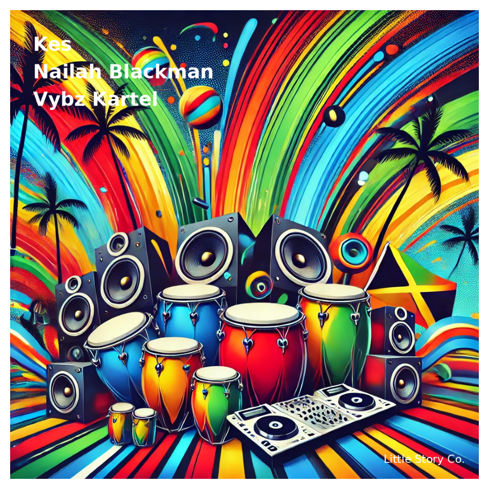 Celebrate the sound of the islands. This vibrant visual captures the rhythm of Soca and Dancehall, spotlighting artists like Kes, Nailah Blackman, and Vybz Kartel. Designed by Little Story Co.
