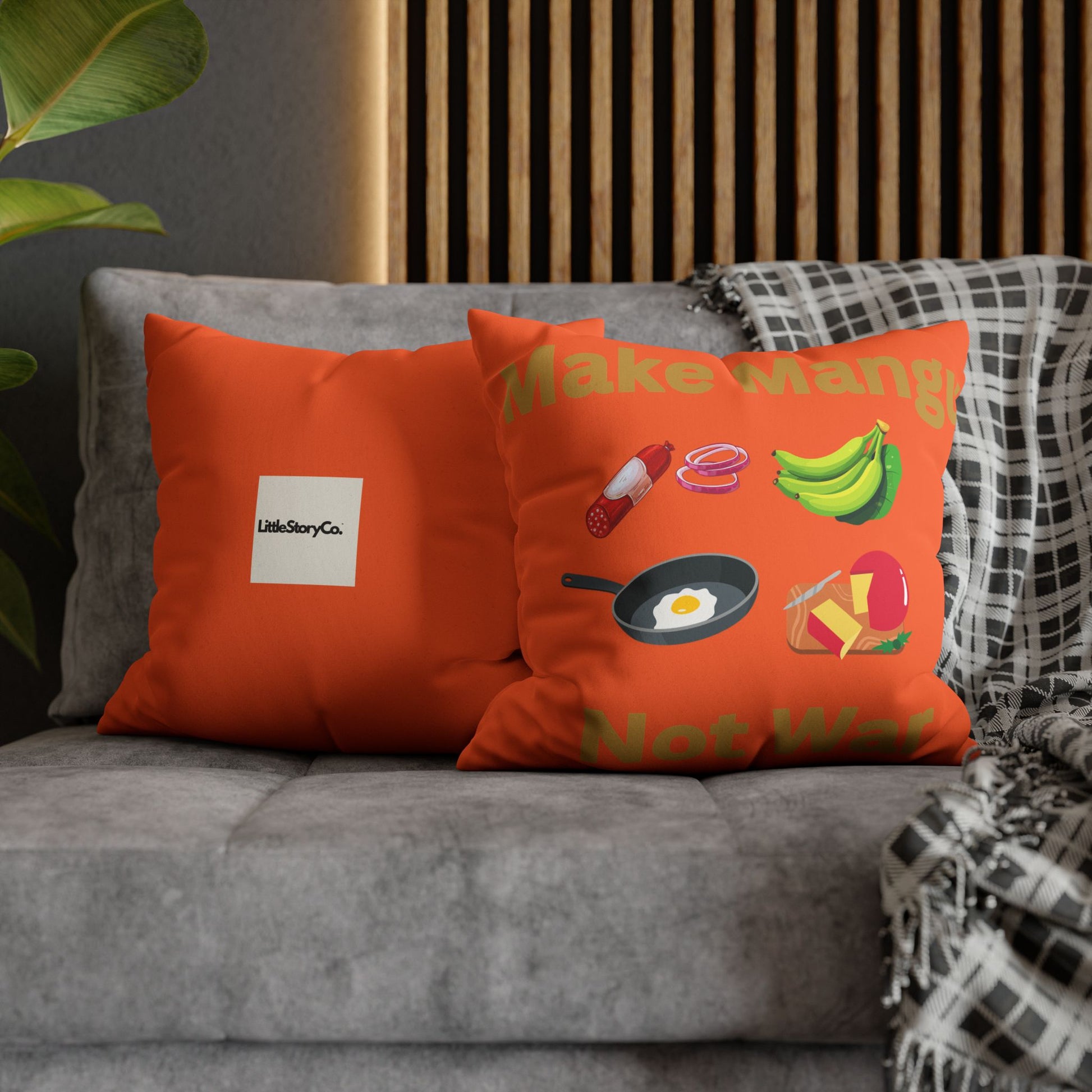 Make Mango Not War Faux Suede Pillowcase - Bright Orange Decorative Cushion for Fun Home Décor - Little Story Co.